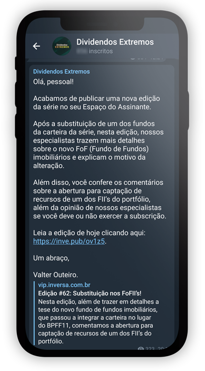 Protótipo de um celular. Na tela, mostra as mensagens via Telegram com atualizações da série Dividos Extremos, com Felipe Paletta